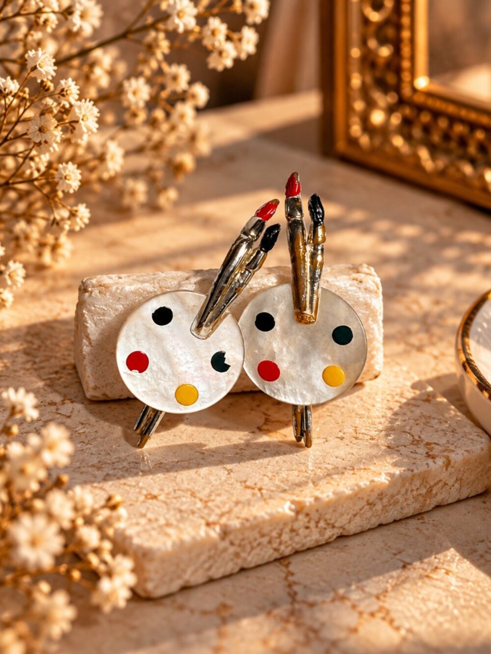 Vintage Artist Palette & Paintbrush Screw Back Earrings Mother of Pearl Style